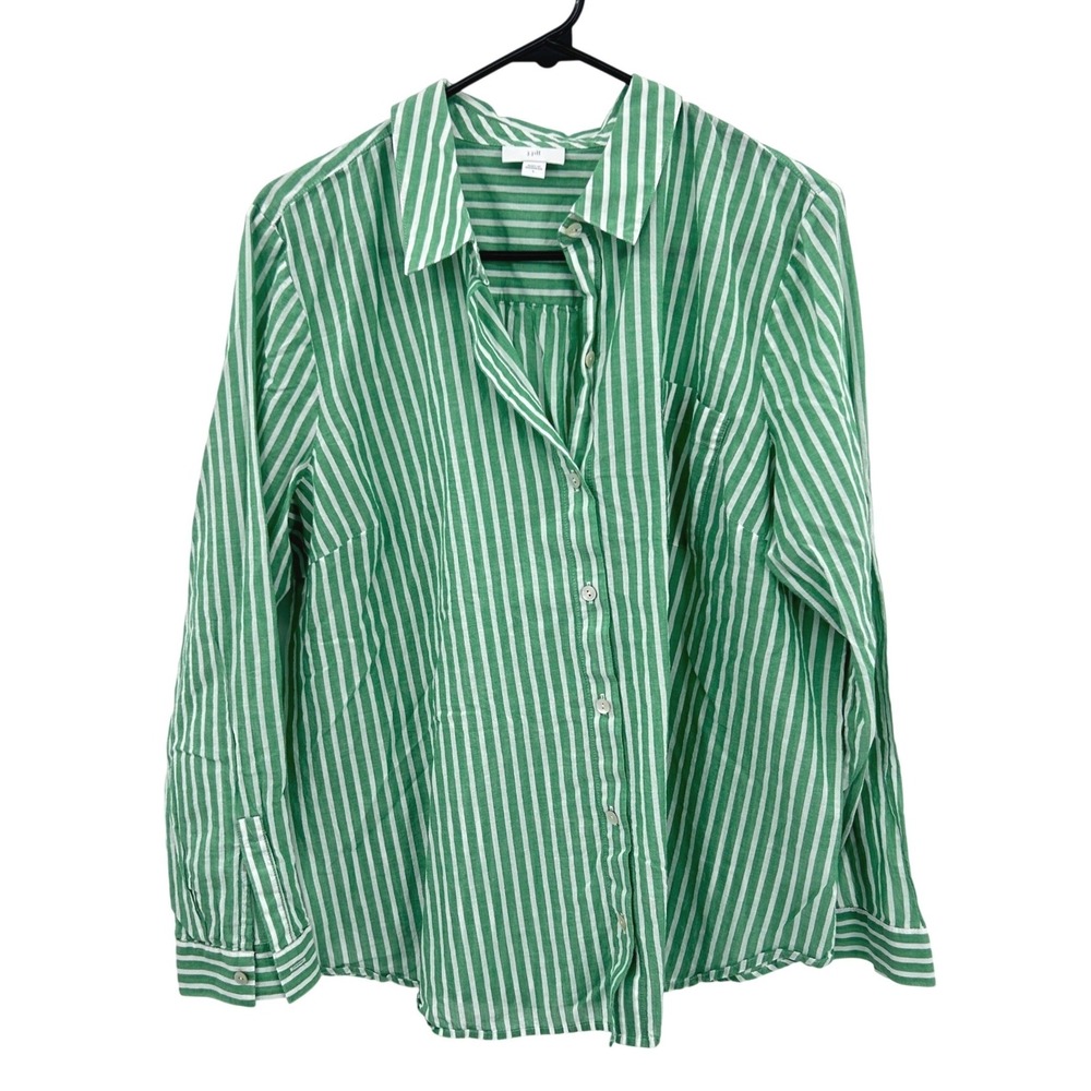 J‎ Jill Relaxed Striped Button Up Shirt L Green White Coastal Resort Cotton Top